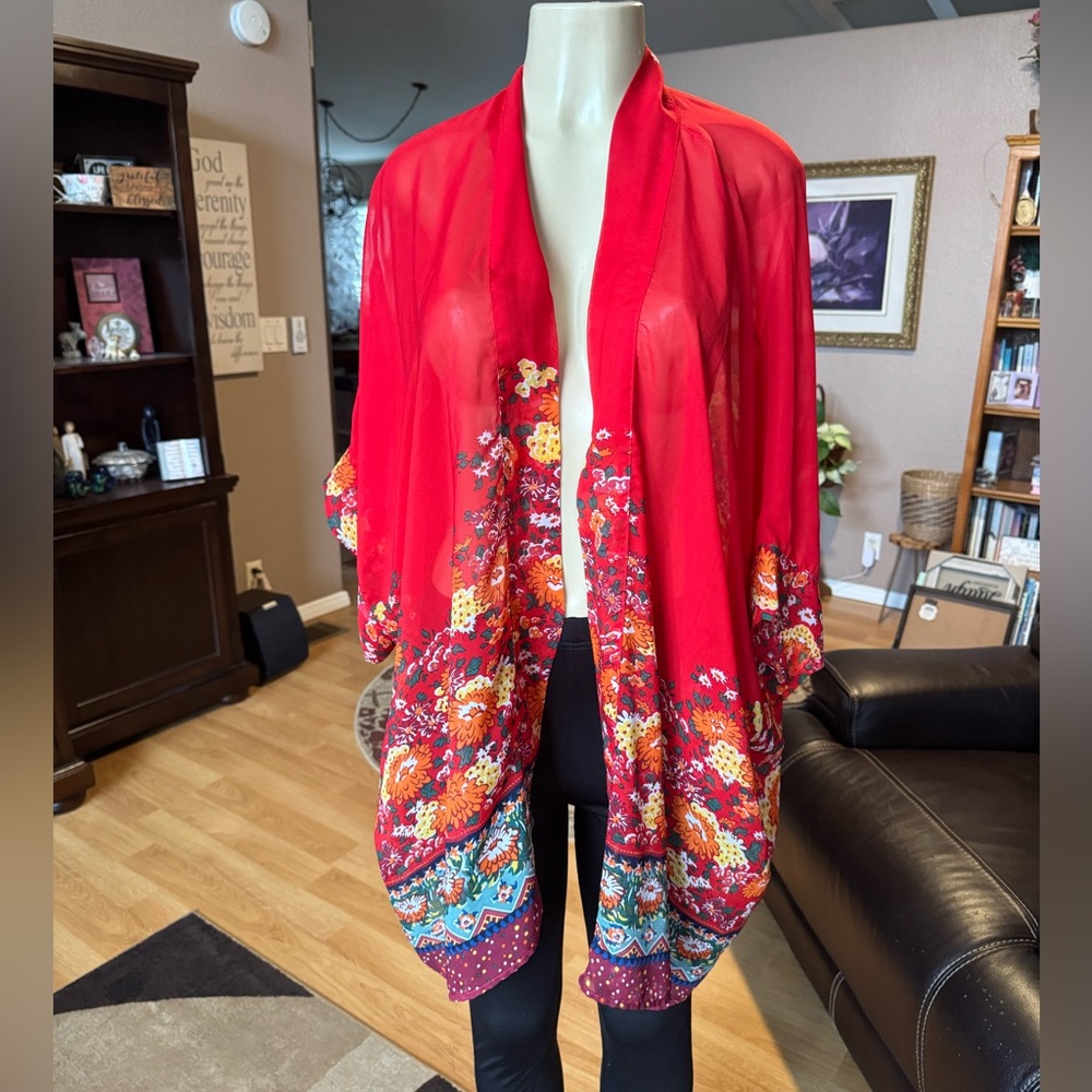 Boutique red floral short sleeve kimono style open cardigan-size XL